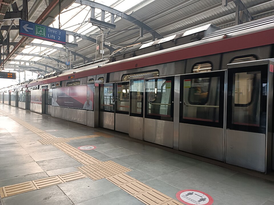 A Delhi Metro Pink Line train at the elevated Anand Vihar ISBT station