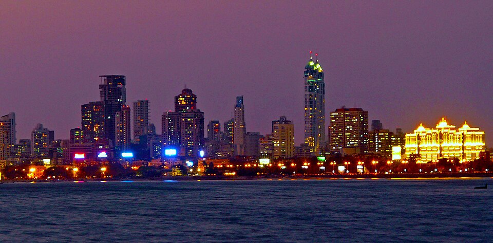 Mumbai's financial district skyline at night across Back Bay